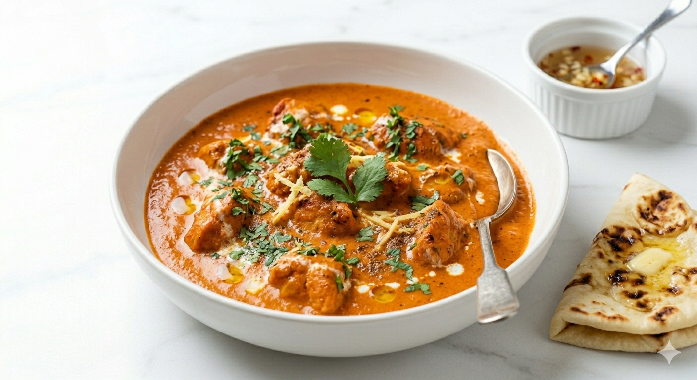 Butter Chicken  - Hähnchenbrustfilet mariniert und gegrillt,
zubereitet im Tomaten und Buttercreme Sauce