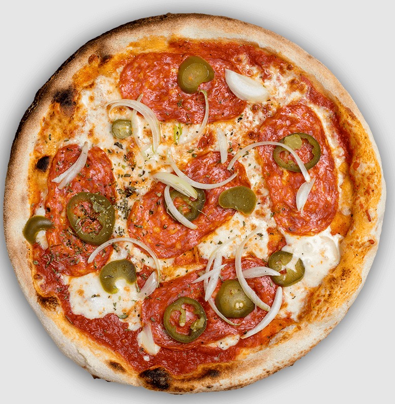 Diavolo Pizza - Putenschinken, Salami, Jalapenos und Knoblauch